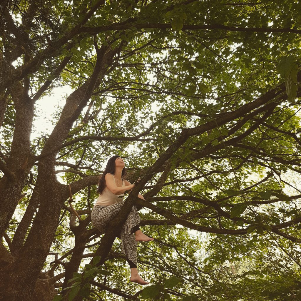 Pranavi in einem großen Baum sitzend